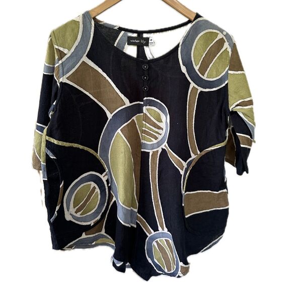Water Lily 100% Cotton Batik Dye Inspired Geometric Side Pockets Tunic Blouse S - Picture 1 of 7